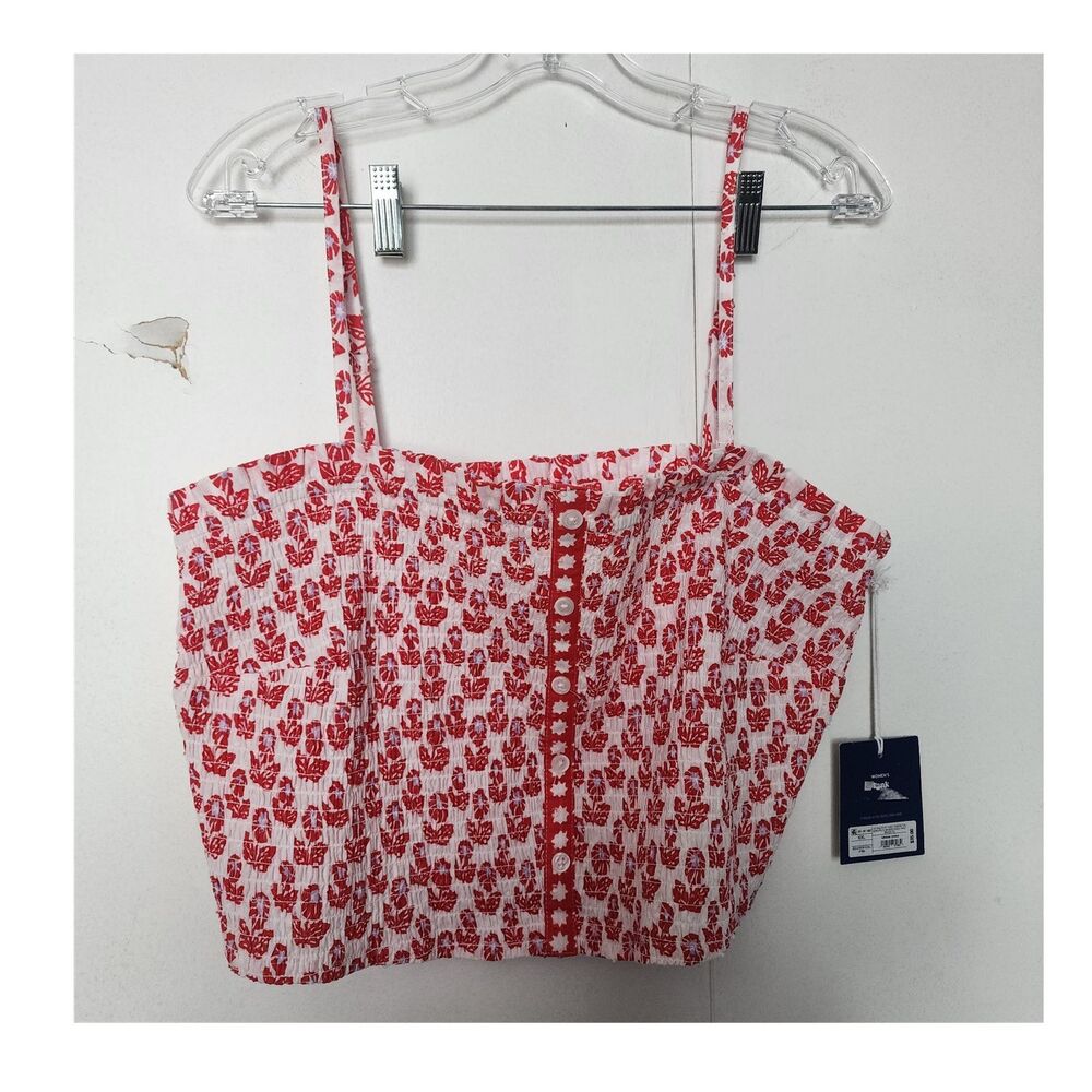 Roller Rabbit Floral Smocked Square Neck Crop Tank Top XXL plus red white spring
